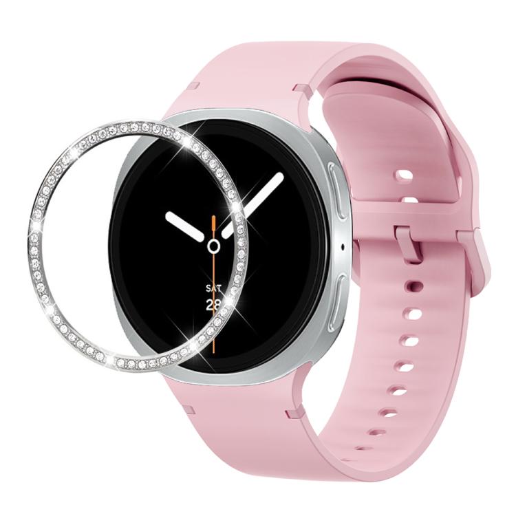 For Samsung Galaxy Watch8 44mm Diamond Bezel and Solid Color Stitched Silicone Watch Band(Light Pink Silver) - free shipping - PMC TechLife - Order now!