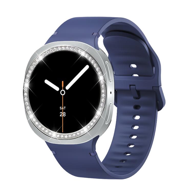 For Samsung Galaxy Watch8 44mm Diamond Bezel and Solid Color Stitched Silicone Watch Band(Midnight Blue Silver) - free shipping - PMC TechLife - Order now!
