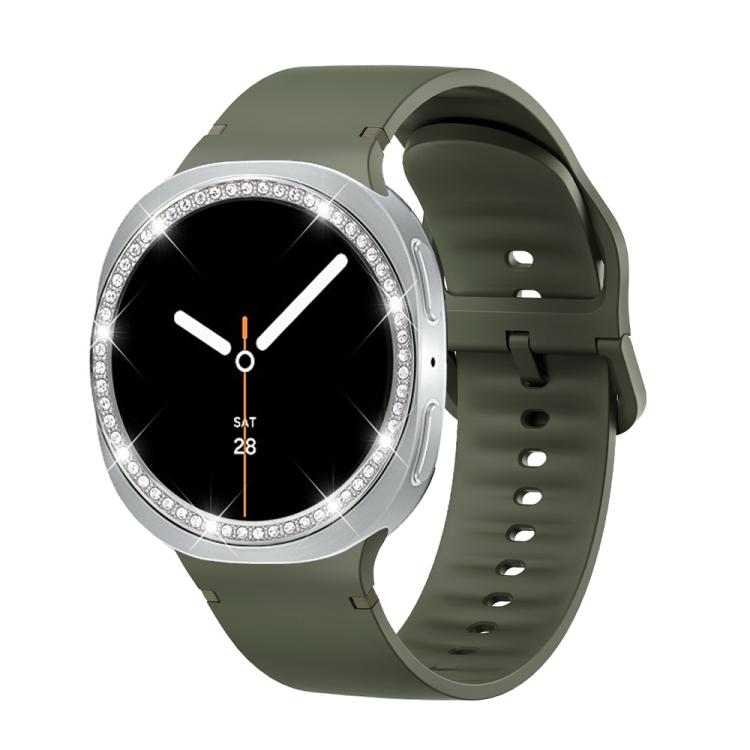 For Samsung Galaxy Watch8 44mm Diamond Bezel and Solid Color Stitched Silicone Watch Band(Army Green Silver) - free shipping - PMC TechLife - Order now!