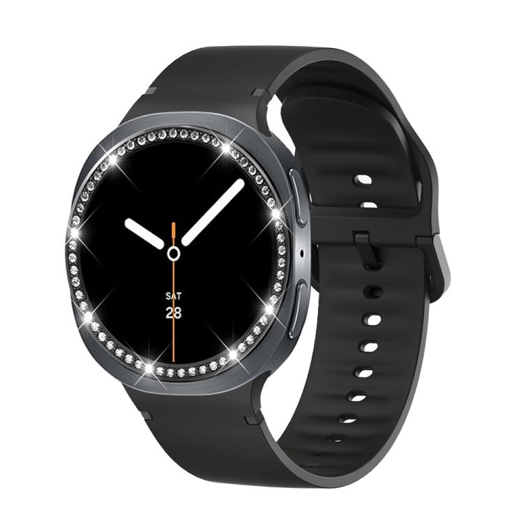 For Samsung Galaxy Watch8 44mm Diamond Bezel and Solid Color Stitched Silicone Watch Band(Black Black) - free shipping - PMC TechLife - Order now!