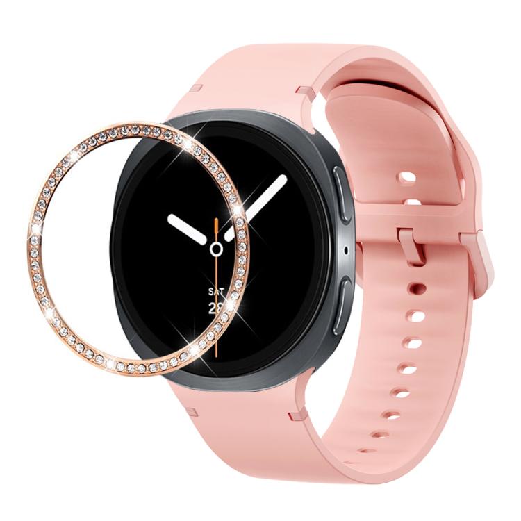For Samsung Galaxy Watch8 44mm Diamond Bezel and Solid Color Stitched Silicone Watch Band(Pink Rose Gold) - free shipping - PMC TechLife - Order now!