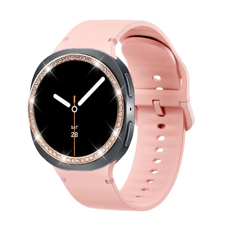 For Samsung Galaxy Watch8 44mm Diamond Bezel and Solid Color Stitched Silicone Watch Band(Pink Rose Gold) - free shipping - PMC TechLife - Order now!