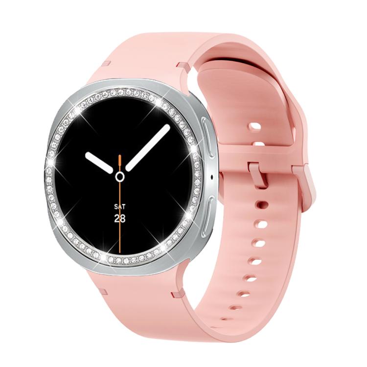 For Samsung Galaxy Watch8 40mm Diamond Bezel and Solid Color Stitched Silicone Watch Band(Pink Silver) - free shipping - PMC TechLife - Order now!