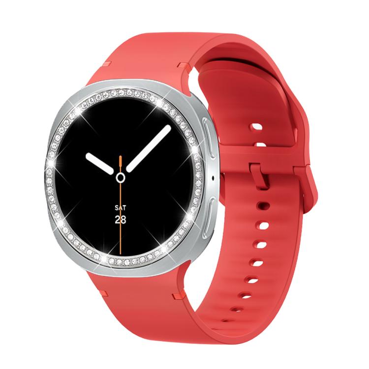 For Samsung Galaxy Watch8 40mm Diamond Bezel and Solid Color Stitched Silicone Watch Band(Red Silver) - free shipping - PMC TechLife - Order now!