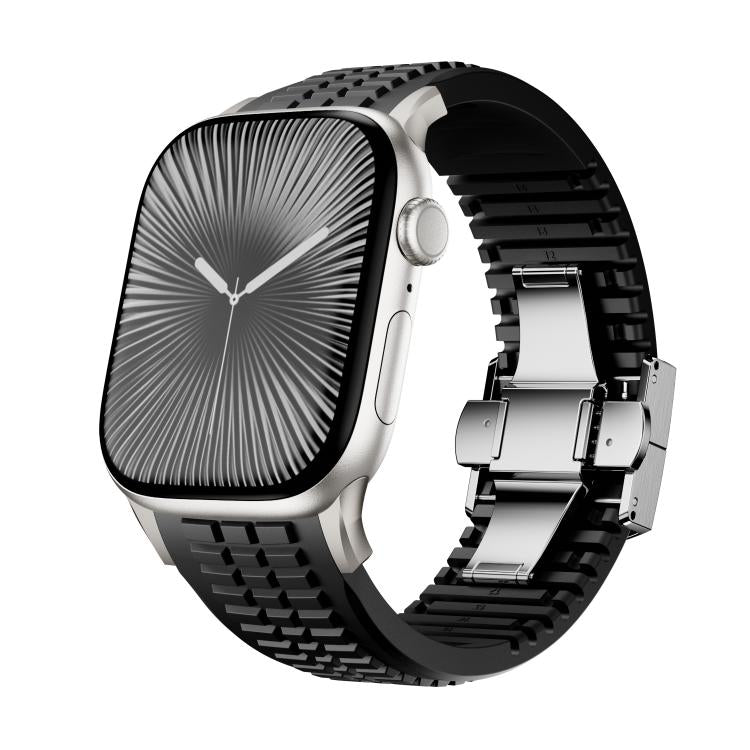 For Apple Watch 46mm / 49mm / 45mm / 44mm Knurled Texture Folding Buckle Silicone Watch Band(Titanium Black) - free shipping - PMC TechLife - Order now!