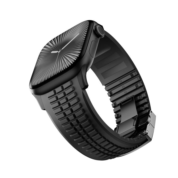 For Apple Watch 46mm / 49mm / 45mm / 44mm Knurled Texture Folding Buckle Silicone Watch Band(Black Black) - free shipping - PMC TechLife - Order now!