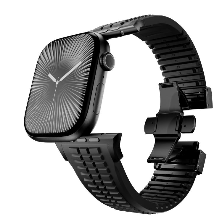 For Apple Watch 46mm / 49mm / 45mm / 44mm Knurled Texture Folding Buckle Silicone Watch Band(Black Black) - free shipping - PMC TechLife - Order now!
