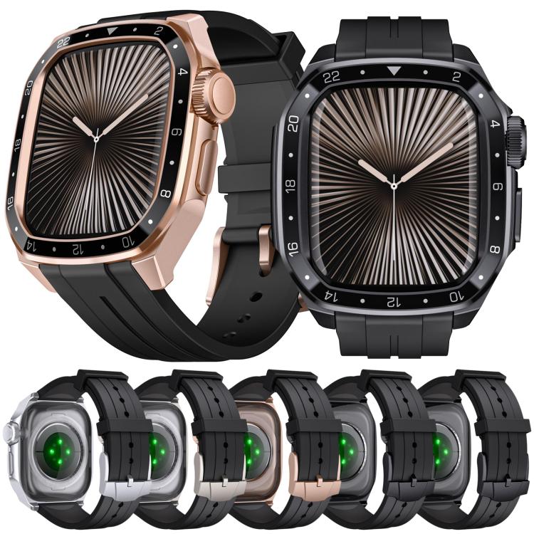 For Apple Watch Series 10 46mm Scale Model Integrated Metal Frame Silicone Watch Band(Titanium Frame Black Dial) - free shipping - PMC TechLife - Order now!