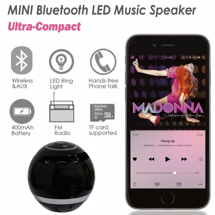 A18 Ball Bluetooth Speaker with LED Light Portable Wireless Mini Speaker Mobile Music MP3 Subwoofer Support TF (Black) - Desktop Speaker by T&G | Online Shopping South Africa | PMC Jewellery | Buy Now Pay Later Mobicred