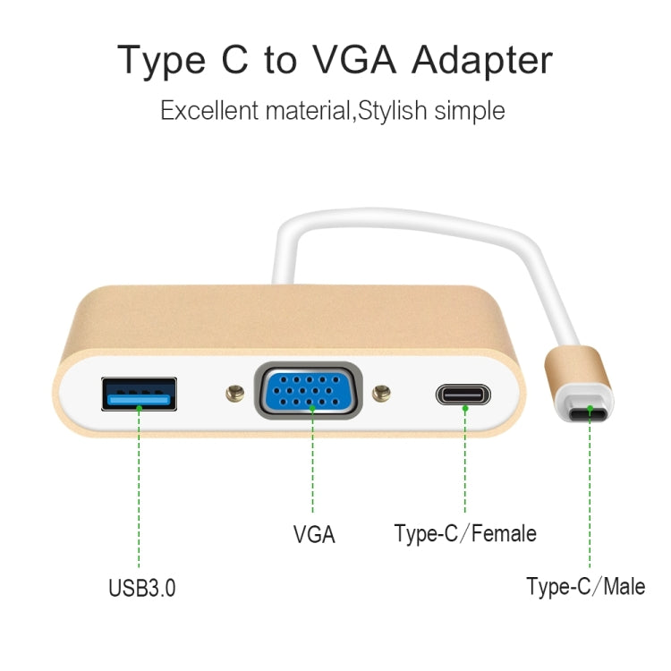 USB Type C to VGA 3-in-1 Hub Adapter supports USB Type C tablets and laptops for Macbook Pro / Google ChromeBook(Gold) - free shipping - PMC Jewellery - Order now!