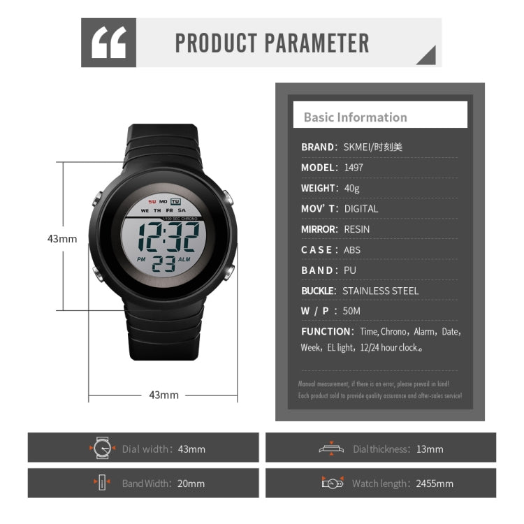 SKMEI 1497 Fashion Simple Backlight Single Display Electronic Watch Timing Alarm Watch(Black  White) - free shipping - PMC TechLife - Order now!