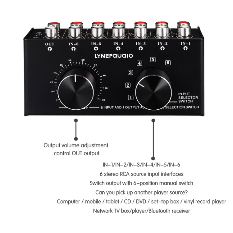 B016 6 Input 1 Output Audio Signal Source Selection Switcher, Output Volume Adjustment Control RCA Port -  by PMC Jewellery | Online Shopping South Africa | PMC Jewellery | Buy Now Pay Later Mobicred