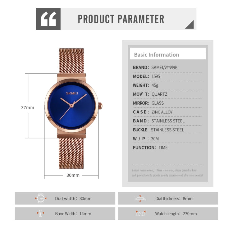 Skmei 1595 Fashion Elegant Scale Free Steel Mesh Belt Women's Watch Waterproof Business Student Quartz Watch Female(Rose Gold Blue) - free shipping - PMC TechLife - Order now!