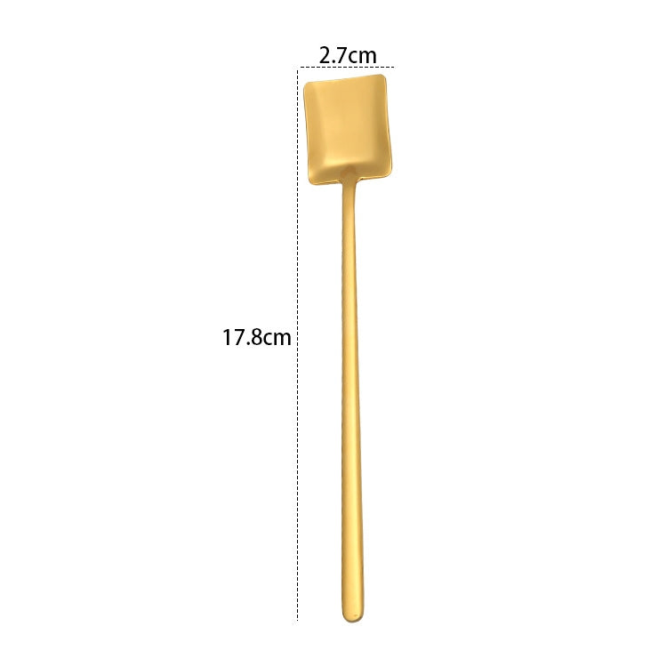 2 PCS Stainless Steel Spoon Creative Coffee Spoon Bar Ice Spoon Gold Plated Long Stirring Spoon, Style:Square Spoon, Color:Gold - free shipping - PMC TechLife - Order now!