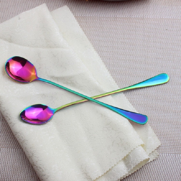 2 PCS Stainless Steel Rainbow Long Handled Coffee Scoops Cold Drink Stirring Spoon for Dessert Cake, Style:Round Spoon(Colorful) - free shipping - PMC TechLife - Order now!