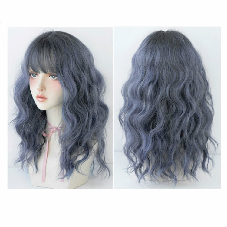 Women's Wool Long Hair With Bangs Natural Fluffy Wig, Color:Haze Blue (Black On Top) 54CM - free shipping - PMC TechLife - Order now!