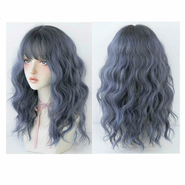 Women's Wool Long Hair With Bangs Natural Fluffy Wig, Color:Haze Blue (Black On Top) 54CM - free shipping - PMC TechLife - Order now!