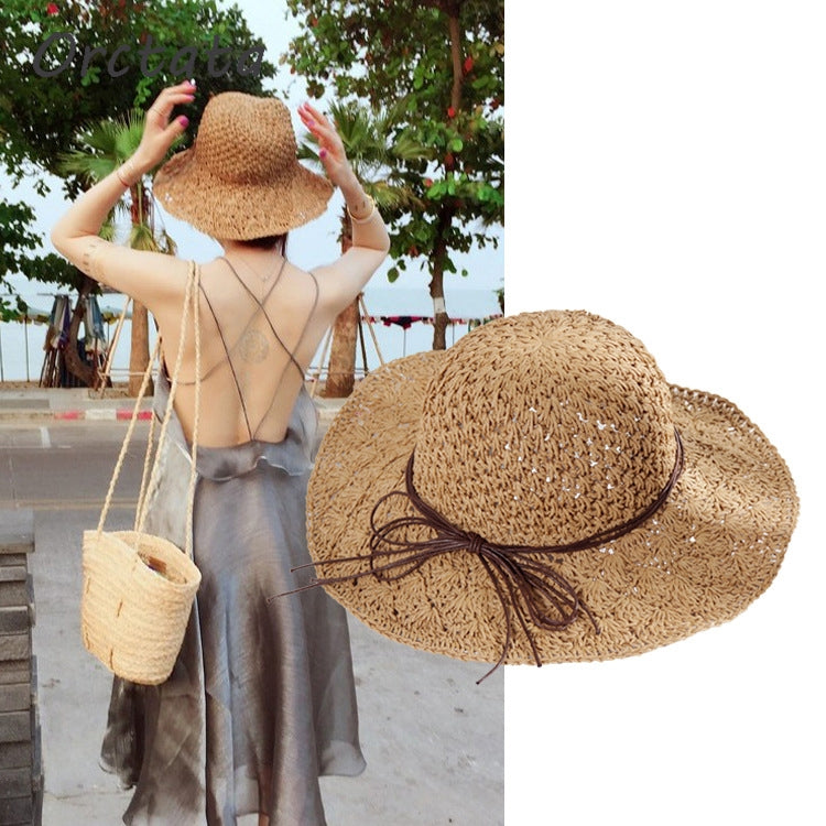 Literary Style Foldable Bow Straw Hat Sunhat(Beige) - Peaked Cap by PMC Jewellery | Online Shopping South Africa | PMC Jewellery