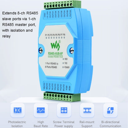 Waveshare RS485-HUB-8P Industrial-grade Isolated 8-ch RS485 Hub, Rail-mount Support, Wide Baud Rate Range - Transmitters & Receivers Module by Waveshare | Online Shopping South Africa | PMC Jewellery | Buy Now Pay Later Mobicred