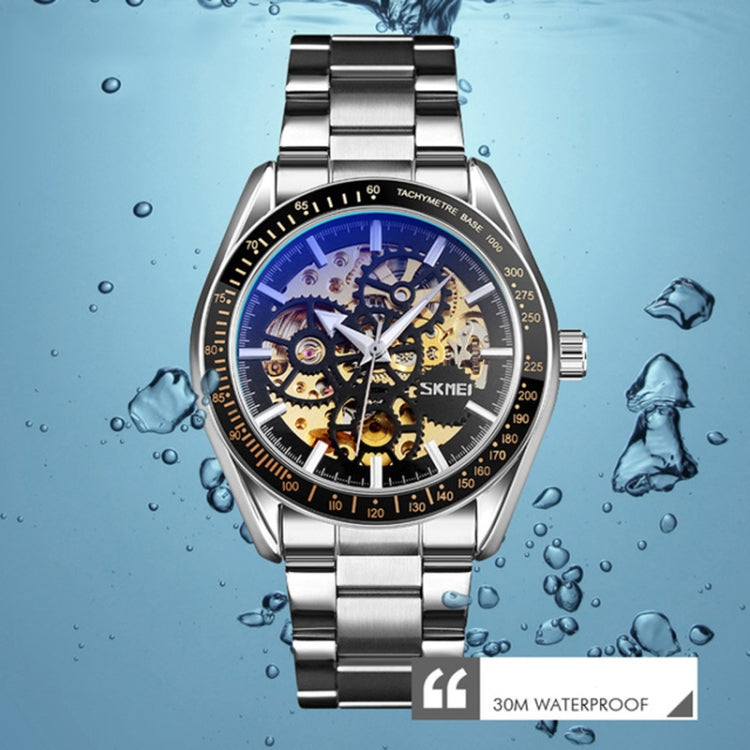 SKMEI 9194 Men Automatic Skeleton Mechanical Steel Band Watch (Golden Black Face) - free shipping - PMC TechLife - Order now!