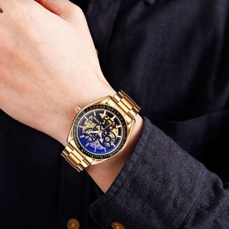 SKMEI 9194 Men Automatic Skeleton Mechanical Steel Band Watch (Golden Black Face) - free shipping - PMC TechLife - Order now!