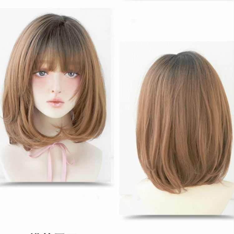 Female Short Hair With Bangs Wig Suitable For Round Face Shoulder Buckle Hair, Color:Honey Pudding Black Top 40CM - free shipping - PMC TechLife - Order now!