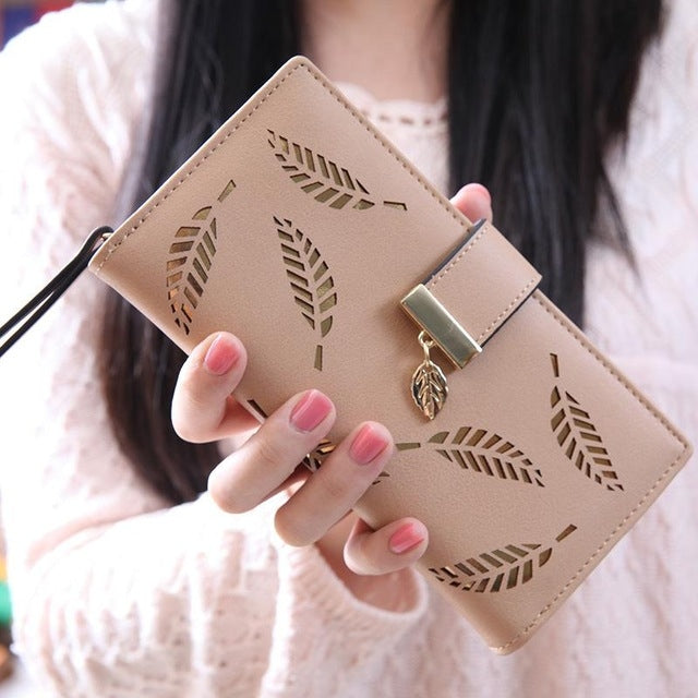 Long Gold Hollow Leaves Coin Purse Card Holders Wallet for Women(Apricot) - Wallets by PMC TechLife | Online Shopping South Africa | PMC TechLife | Buy Now Pay Later Mobicred