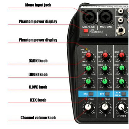 TU04 BT Sound Mixing Console Record 48V Phantom Power Monitor AUX Paths Plus Effects 4 Channels Audio Mixer with USB(Black) - Live Sound Effects Processors by PMC Jewellery | Online Shopping South Africa | PMC Jewellery | Buy Now Pay Later Mobicred