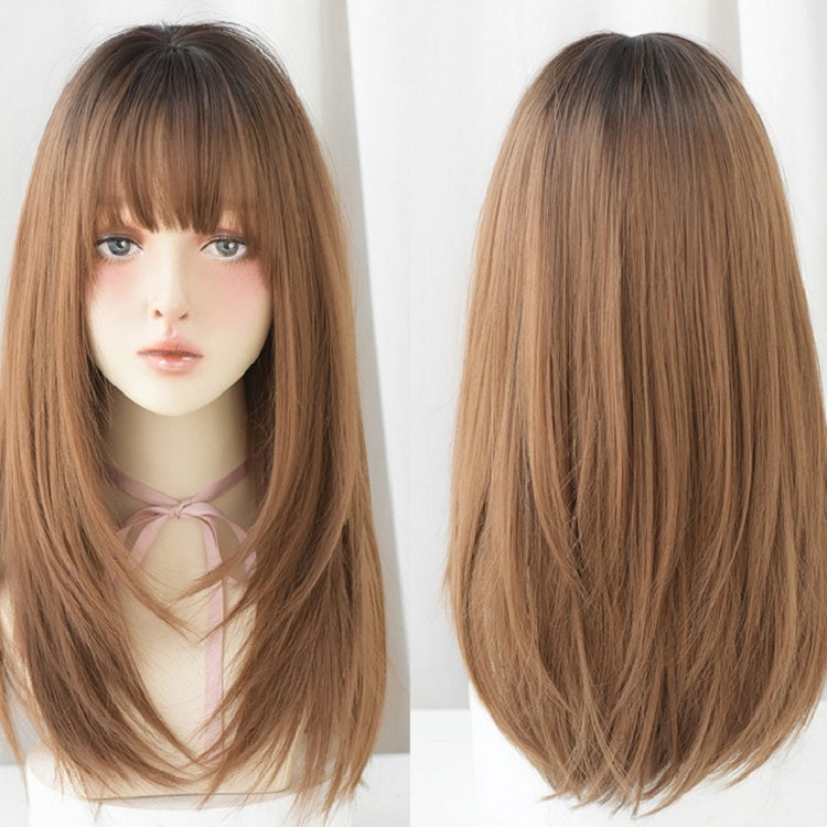 Ladies Long Straight Hair Air Bangs Wig Hair Set, Colour: Honey Tea - free shipping - PMC TechLife - Order now!