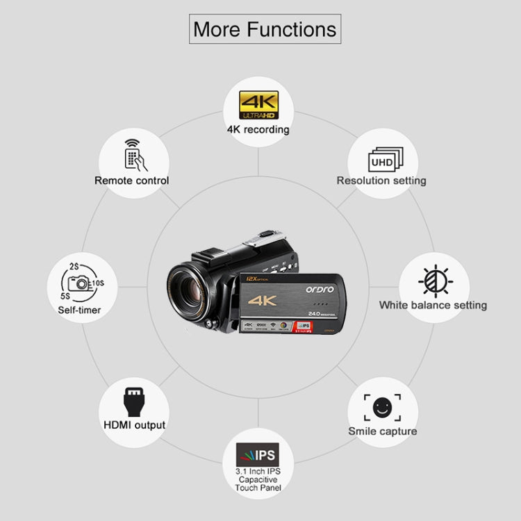 ORDRO AC5 4K HD Night Vision WiFi 12X Optical Zoom Digital Video DV Camera Camcorder, Style:Standard + Microphone + Handheld Stand(Black) - free shipping - PMc TechLife - Order now!