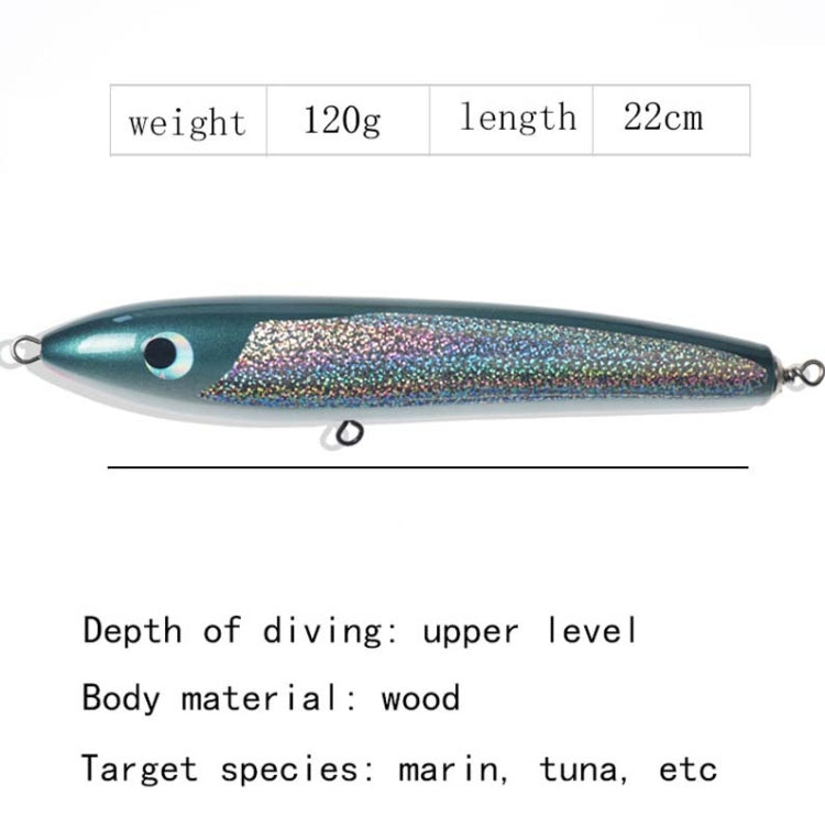 120g 22cm Floating Water Wooden Handmade Big Pencil  Deep Sea Boat Fishing Wave Lying Tuna Bait(Green Laser) - Fishing Lures by PMC TechLife | Online Shopping South Africa | PMC TechLife | Buy Now Pay Later Mobicred