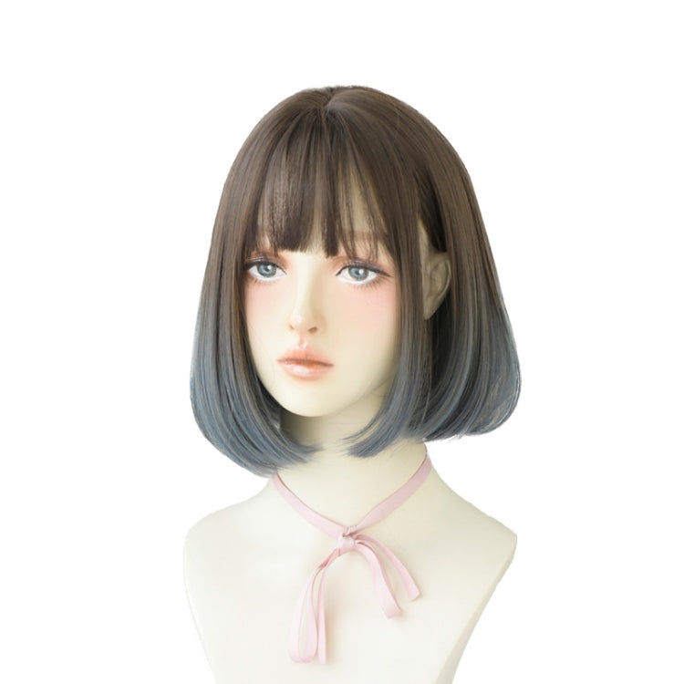 Wig Female Short Hair Bobo Student Head Round Face Full Top Headgear Natural Gradient Color Internal Buckle Straight Hair(Gradient Haze Blue 30CM) - free shipping - PMC TechLife - Order now!