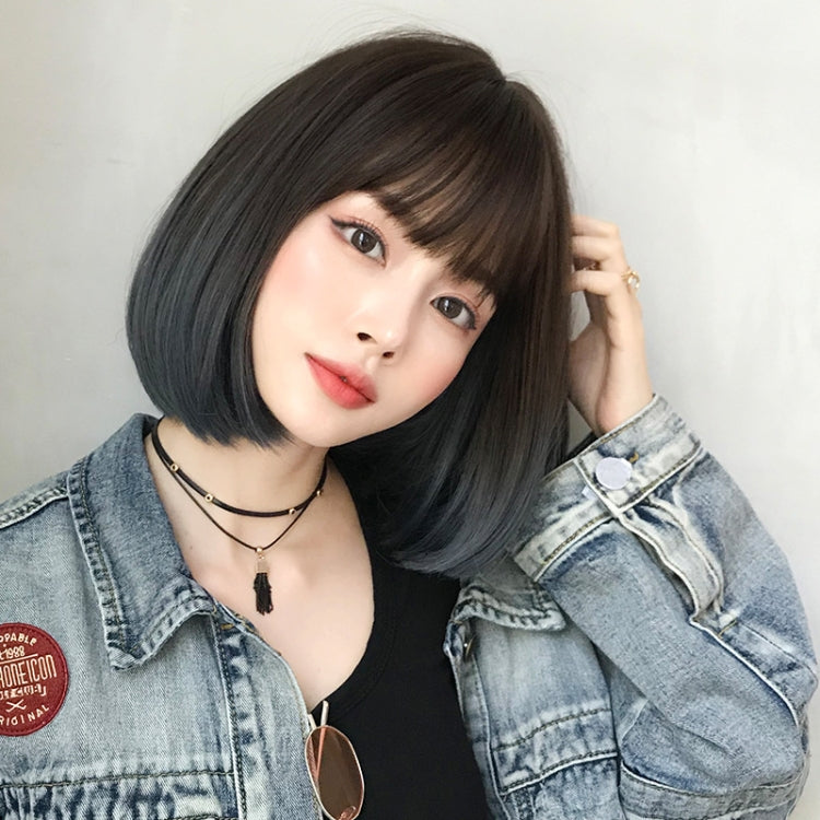Wig Female Short Hair Bobo Student Head Round Face Full Top Headgear Natural Gradient Color Internal Buckle Straight Hair(Gradient Haze Blue 30CM) - free shipping - PMC TechLife - Order now!