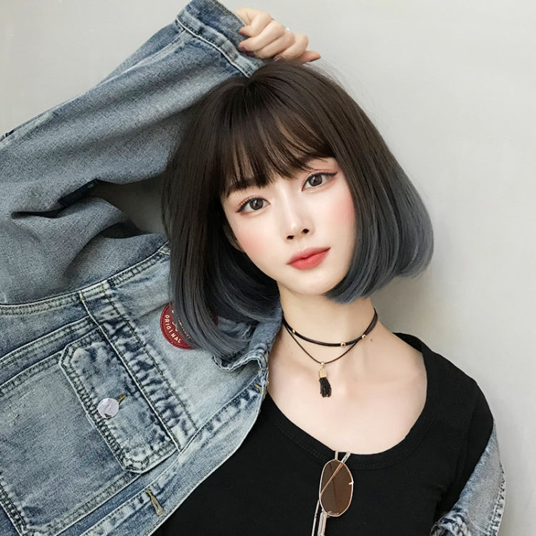 Wig Female Short Hair Bobo Student Head Round Face Full Top Headgear Natural Gradient Color Internal Buckle Straight Hair(Gradient Haze Blue 30CM) - free shipping - PMC TechLife - Order now!