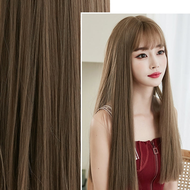 Wig Female Long Hair Full Headgear Straight Hair Natural Air Bangs Full Top Wig(Honey Tea Linen 58CM) - free shipping - PMC TechLife - Order now!
