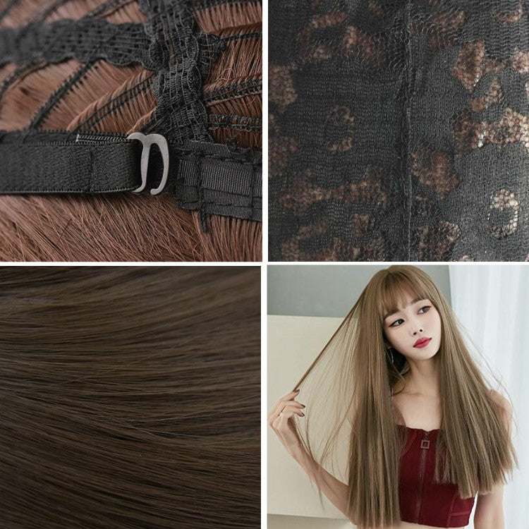 Wig Female Long Hair Full Headgear Straight Hair Natural Air Bangs Full Top Wig(Cool Brown 58CM) - free shipping - PMC TechLife - Order now!