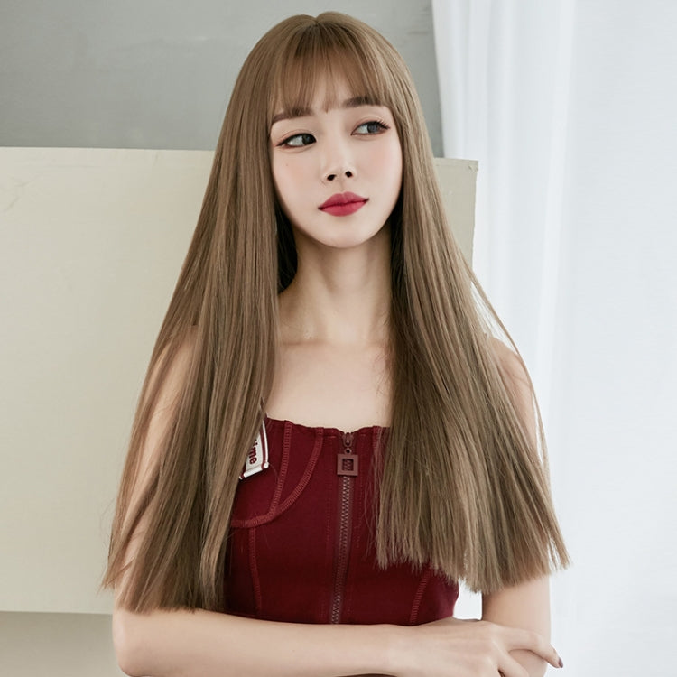 Wig Female Long Hair Full Headgear Straight Hair Natural Air Bangs Full Top Wig(Cool Brown 58CM) - free shipping - PMC TechLife - Order now!