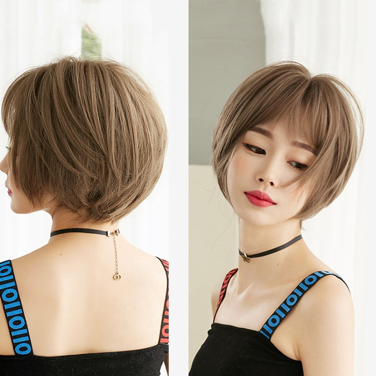 Wig Female Short Hair Round Face Full Top Headgear Short Hair Temperament Bangs Hair Cover(Black Brown 28CM) - free shipping - PMC TechLife - Order now!