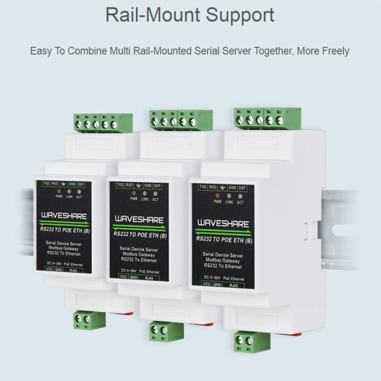 Waveshare 23951 Industrial Serial Server RS232 to RJ45 Ethernet TCP/IP to Serial with POE - free shipping - PMC TechLife - Order now!