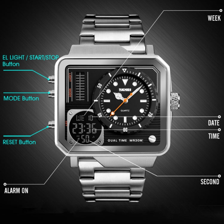 SKMEI 1392 Multi-Function Outdoor Sports Watch Business Double Display Waterproof Electronic Watch(Silver) - free shipping - PMC TechLife - Order now!