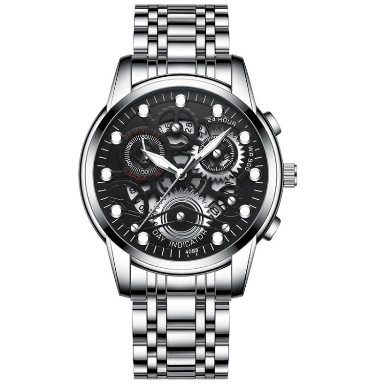 FNGEEN 4088 Men Hollow Quartz Watch Student Waterproof Luminous Watch(White Steel Black Surface) - free shipping - PMC TechLife - Order now!
