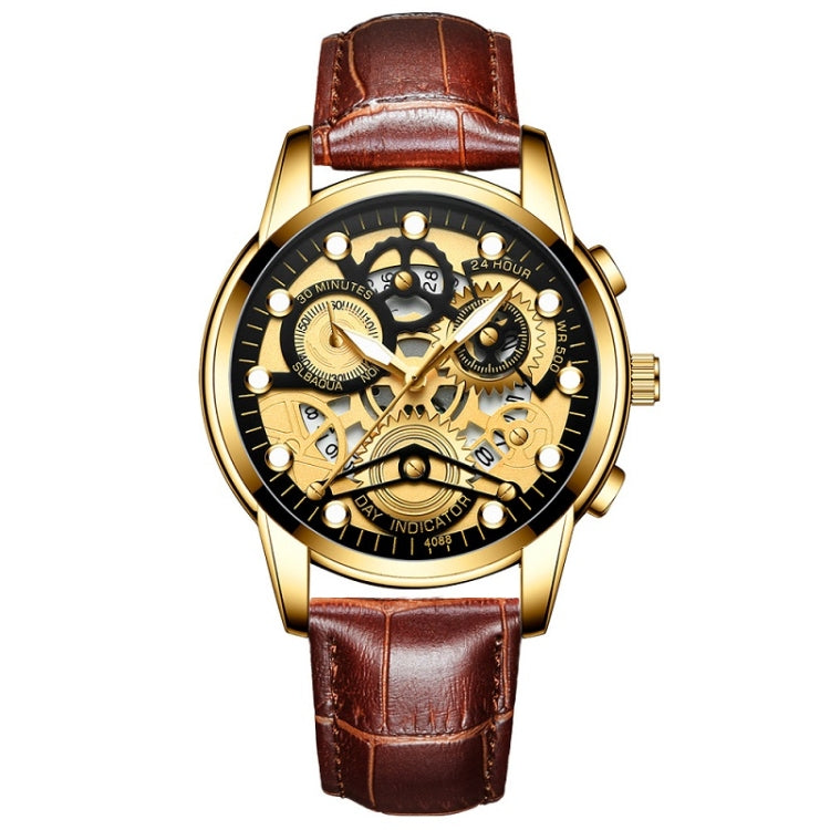 FNGEEN 4088 Men Hollow Quartz Watch Student Waterproof Luminous Watch(Brown Leather Full Gold Black Surface) - free shipping - PMC TechLife - Order now!