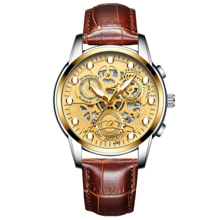 FNGEEN 4088 Men Hollow Quartz Watch Student Waterproof Luminous Watch(Brown Leather Gold Surface) - free shipping - PMC TechLife - Order now!