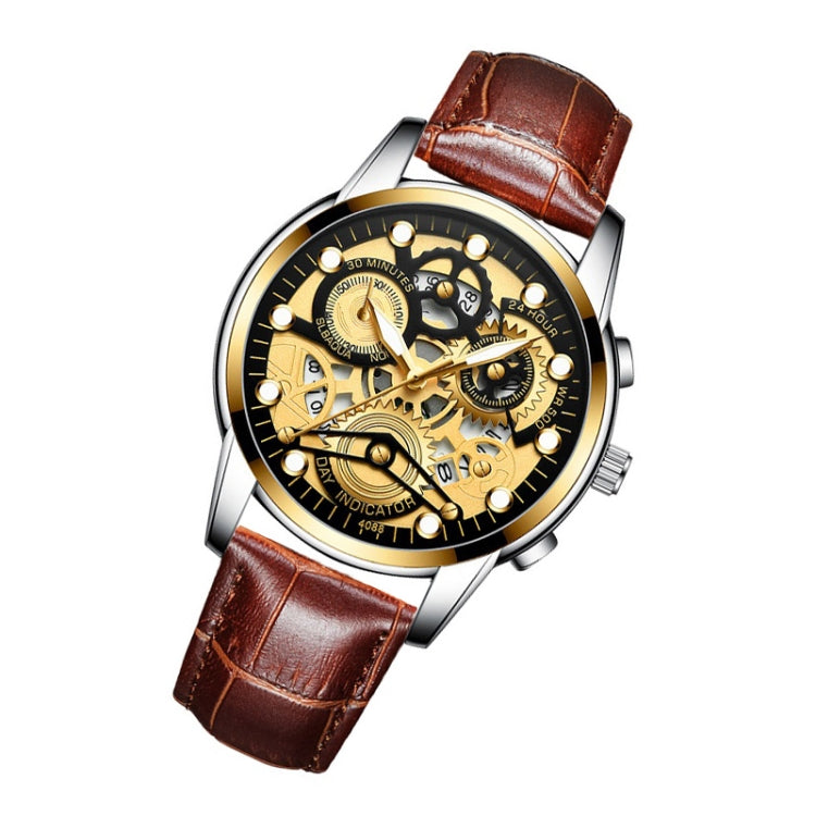 FNGEEN 4088 Men Hollow Quartz Watch Student Waterproof Luminous Watch(Brown Leather Gold Black Surface) - free shipping - PMC TechLife - Order now!