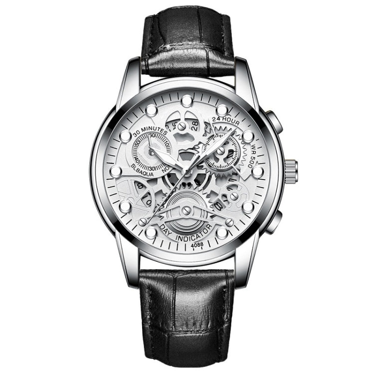 FNGEEN 4088 Men Hollow Quartz Watch Student Waterproof Luminous Watch(Black Leather White Steel White Flour) - free shipping - PMC TechLife - Order now!