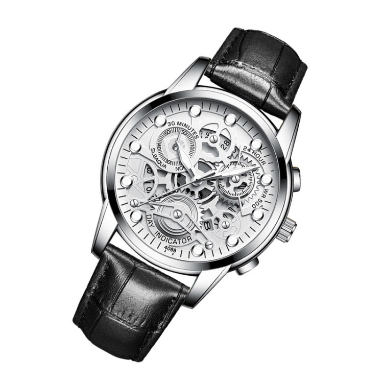 FNGEEN 4088 Men Hollow Quartz Watch Student Waterproof Luminous Watch(Black Leather White Steel White Flour) - free shipping - PMC TechLife - Order now!