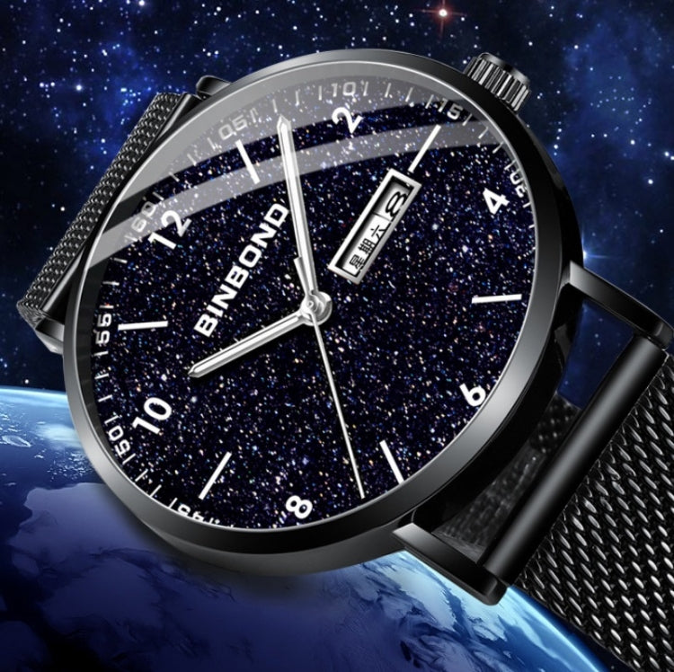 BINBOND B3820 Men Simple Luminous Quartz Watch Student Trendstarry Starry Sky Pattern Watch(Black Mash Black Shell White Nails) - free shipping - PMC TechLife - Order now!