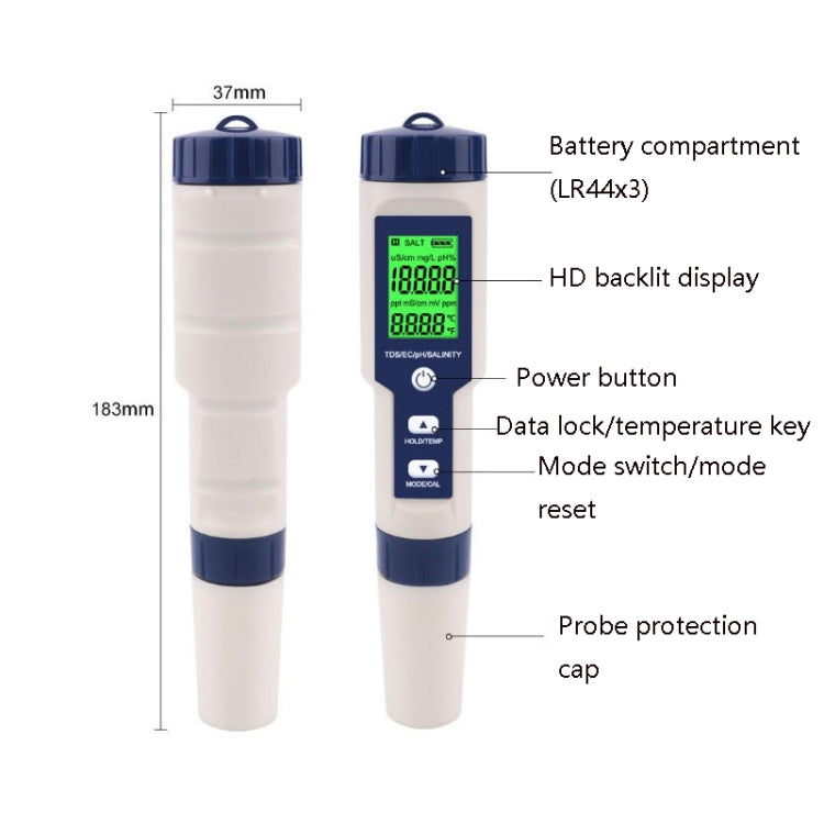 EZ-9909 PH/Salinity/Temperature/TDS/EC 5-in-1 Test Pen Multifunctional Water Quality Detector - PH & Moisture Meter by PMC Jewellery | Online Shopping South Africa | PMC Jewellery | Buy Now Pay Later Mobicred