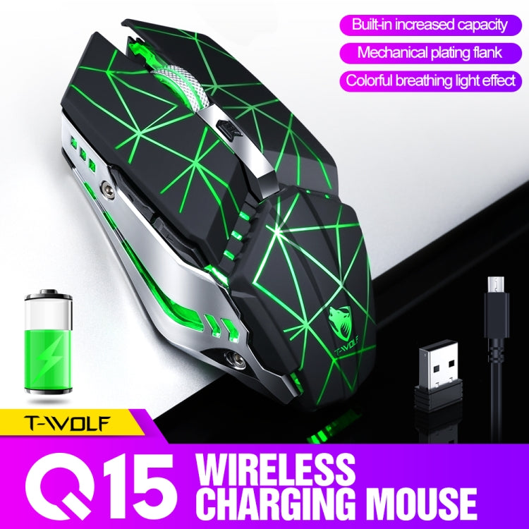 T-WOLF Q15 6-Buttons 1600 DPI Wireless Rechargeable Mute Office Gaming Mouse with 7 Color Breathing Light(Technology Black) - free shipping - PMC Jewellery - Order now!
