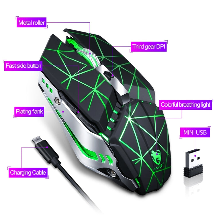 T-WOLF Q15 6-Buttons 1600 DPI Wireless Rechargeable Mute Office Gaming Mouse with 7 Color Breathing Light(Technology Black) - Wireless Mice by T-WOLF | Online Shopping South Africa | PMC Jewellery | Buy Now Pay Later Mobicred